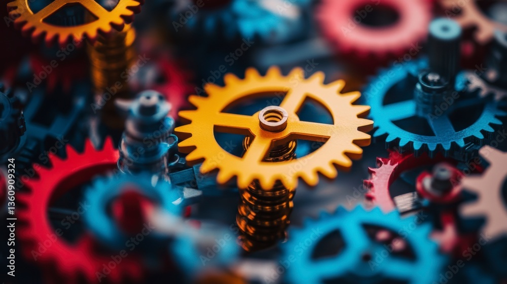 Poster colorful gears interlock, symbolizing teamwork, mechanism, and complex systems.