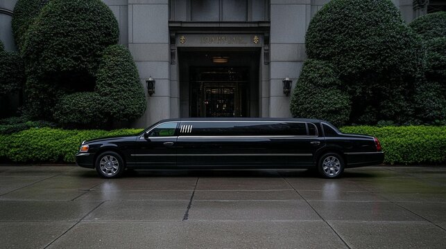 Black limousine parked outside a building.