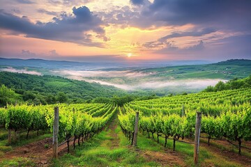 Naklejka premium Serene vineyard at sunrise, mist-covered valley, picturesque landscape. Ideal for wine, travel, and nature themes.