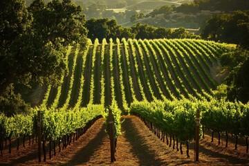 Obraz premium Sun-drenched vineyard rows stretch across a gently sloping hillside, bathed in the warm golden light of sunset. The picturesque scene evokes tranquility and the bounty of nature's harvest.