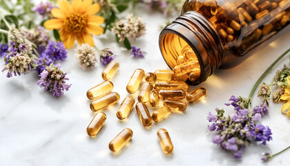 High quality illustration, promote holistic health with organic herbal supplements and vitamins featuring botanical ingredients on a white background for natural remedies