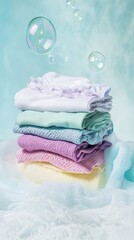 Stepka of colorful clothes accumulates on top of the pile of laundry. Washing children's clothing, washing for children's clothing. The concept of organization and purity