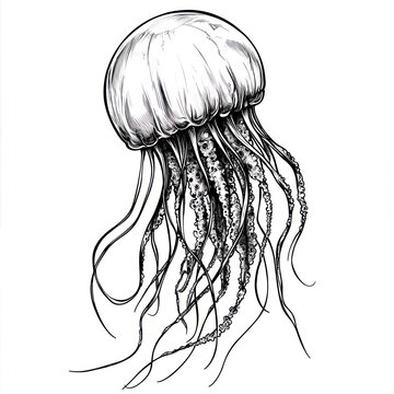 Detailed ink drawing of a jellyfish.  The drawing showcases the jellyfish's bell-shaped body and long, flowing tentacles.  A delicate shading technique adds depth and texture to the image