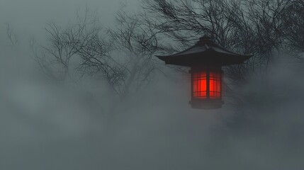Crimson lantern floating greyscale foggy forest surreal guiding light