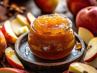 Homemade apple jam in a glass jar.  Freshly sliced apples surround the jar