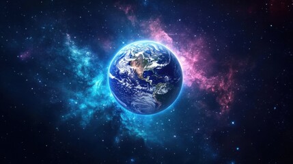 Earth Day. Earth in a Vibrant Cosmic Nebula