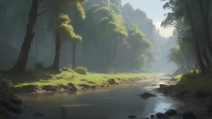 serene countryside landscape with tranquil river flowing through lush greenery and tall trees, creating peaceful atmosphere. soft light enhances natural beauty of scene.