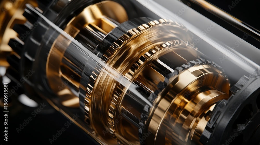 Poster close-up of intricate gold and black gears inside a transparent cylinder, showcasing precision engin