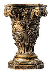 Ornate Wooden Column with Intricate Floral and Leaf Carvings, Isolated on Transparent Background