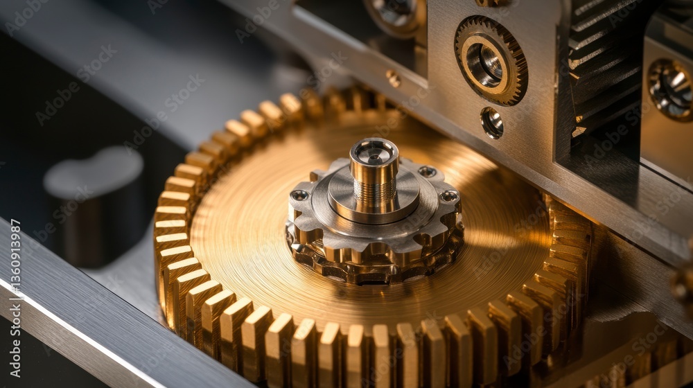 Leinwandbilder close-up of intricate golden gears and metallic components in a complex mechanism.