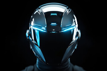 Obraz premium Cybernetic Visage: A futuristic, chrome helmet, with neon-blue accents, embodies the essence of technological advancement and modern design, set against a dark backdrop.