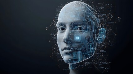 Obraz premium Evolving technology showcases a hyper-realistic digital human figure embodying intricate circuit patterns in a futuristic environment