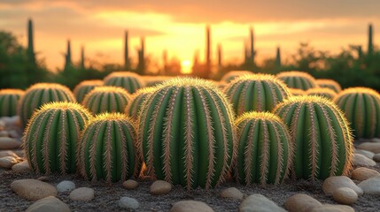 A cactus garden in a desert sunset
