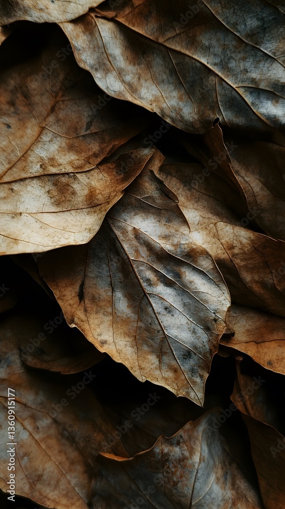 Poster close-up of dried leaves showing intricate veins and textures