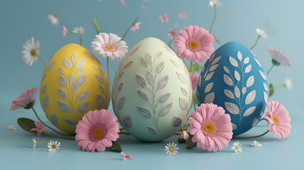 Serene artistic arrangement of colorful Easter eggs, intricate floral patterns surrounded by delicate pink and white daisies placed on soft blue background capturing the elegance and joy of the Easter