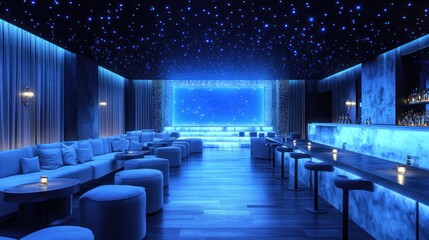 Luxurious lounge bar with blue lighting, starry ceiling, and comfortable seating.