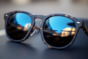 Cool Shades: a close-up shot of modern sunglasses with blue reflective lenses, showcasing style, fashion and eye wear against a blurred background. 