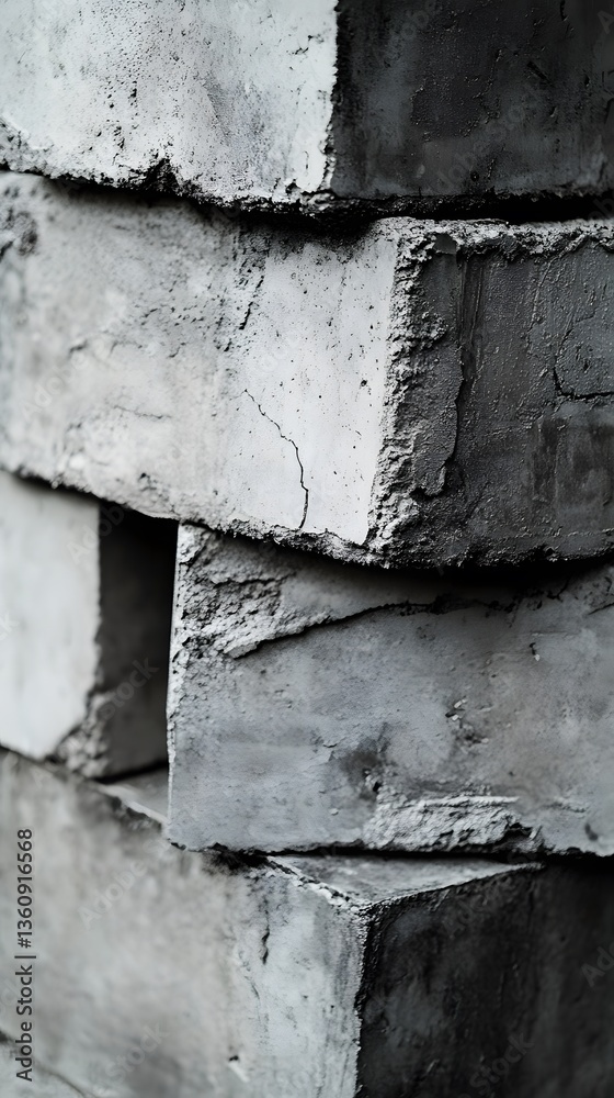 Aufkleber Stacked concrete blocks showing rough texture and cracks in monochrome