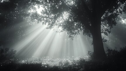 A black-and-white forest scene with shadows