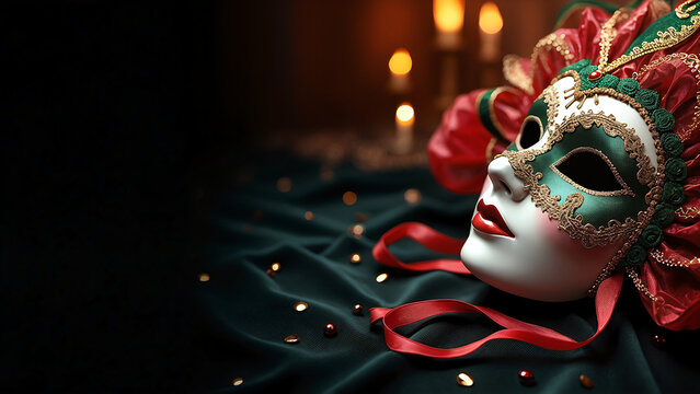 carnival theater acting mask on a red black background with space for text