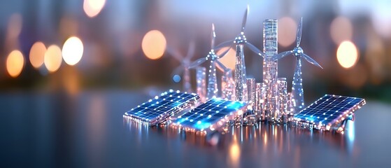Futuristic smart city with renewable energy sources, solar panels and wind turbines reflecting on water surface against blurred bokeh lights background.