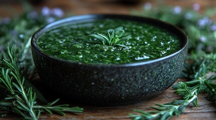 A bowl of vegetable soup with herbs.