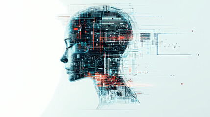 Neural Convergence: Human-Technology Integration - A thought-provoking profile silhouette showing the seamless integration of human and digital elements, with circuit patterns flowing into the human