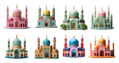 Fototapeta premium Colorful and Decorative Mosque Architecture Models for Displays, PNG bundle collection, Isolated on Transparent Background