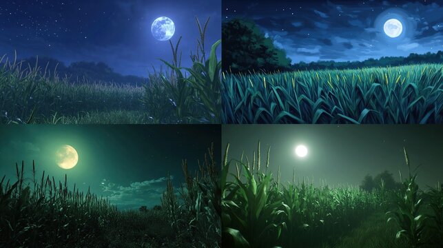 Four moonlit cornfield night scenes.
