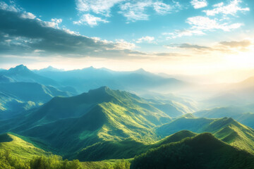 World Environment Day concept: Green mountains and beautiful sky clouds under the blue sky 
