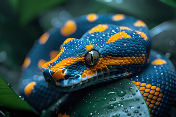 Fototapeta premium Close-up macro photograph of exotic blue and orange snake head with water droplets on scales showing detailed texture and striking pattern in natural setting.
