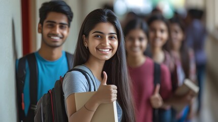 Happy indian students showing thumbs up gesture at university corridor