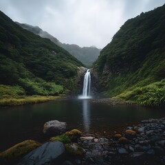Fototapeta premium Lush valley waterfall, misty mountains, tranquil pool, travel poster