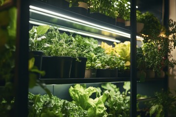 Fototapeta premium Indoor Vertical Garden with Fresh Herbs and Leafy Greens Growing Under LED Grow Lights on Shelves