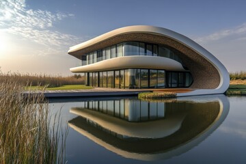 Fototapeta premium Modern Lakeside Home Design with Striking Architecture and Seamless Water Integration on a Calm Day, Providing Peaceful Reflection