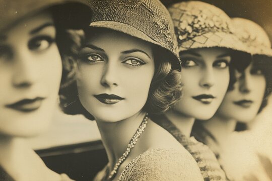 Vintage Fashion Portrait of Flapper Girls Wearing Hats, Retro Style and Glamorous Makeup, 1920s Fashion