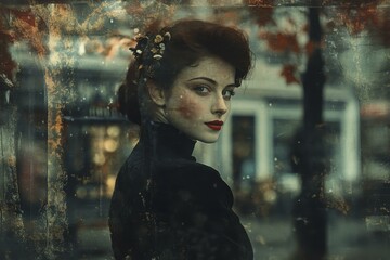 Fototapeta premium Elegant Woman with Dark Hair in Vintage Fashion Posing Outdoors Amidst Abstract Fall Foliage