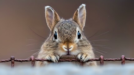 Obraz premium Curious eastern cottontail rabbit peeks over rustic barbed wire fence against soft brown background, close-up portrait showing detailed fur texture and expressive eyes.