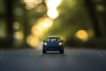 Fototapeta premium Toy Blue Car on Road with Headlights On, Blurry Background with Bokeh Lights
