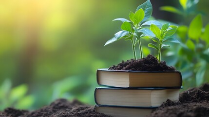 Seedlings growing from books symbolizing knowledge and growth