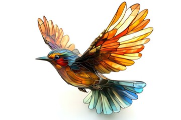 Obraz premium Vibrant songbird in flight with spread wings featuring orange, blue and turquoise gradient coloring on white background, artistic nature illustration.