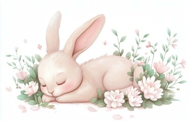 Cute sleeping bunny surrounded by soft flowers, embodying peace and tranquility in a pastel color palette, perfect for spring themed illustrations