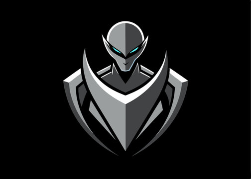 Futuristic Sentinel: A sleek, monochrome illustration depicts a futuristic sentinel, embodying both vigilance and technological prowess, set against a stark black background.