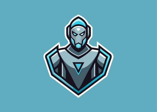 Technological Sentinel: A futuristic robotic figure, embodying strength and innovation, stands as a sentinel against a serene, light-blue background, ready to represent advanced technology.