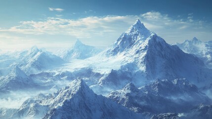Obraz premium Majestic snow-capped mountain peaks rise above a sea of clouds under a bright sky.