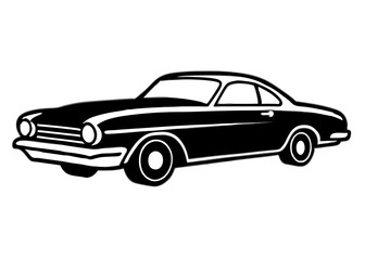 Naklejka premium Vintage Car Silhouette: A classic black coupe is isolated, a timeless emblem of automotive design, against the backdrop.