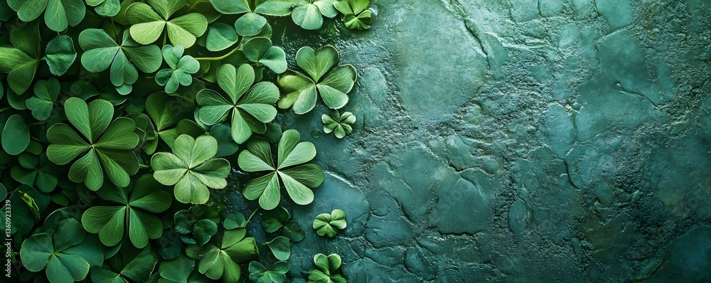 Poster green clovers covering half of a textured background creating a st. patrick's day vibe