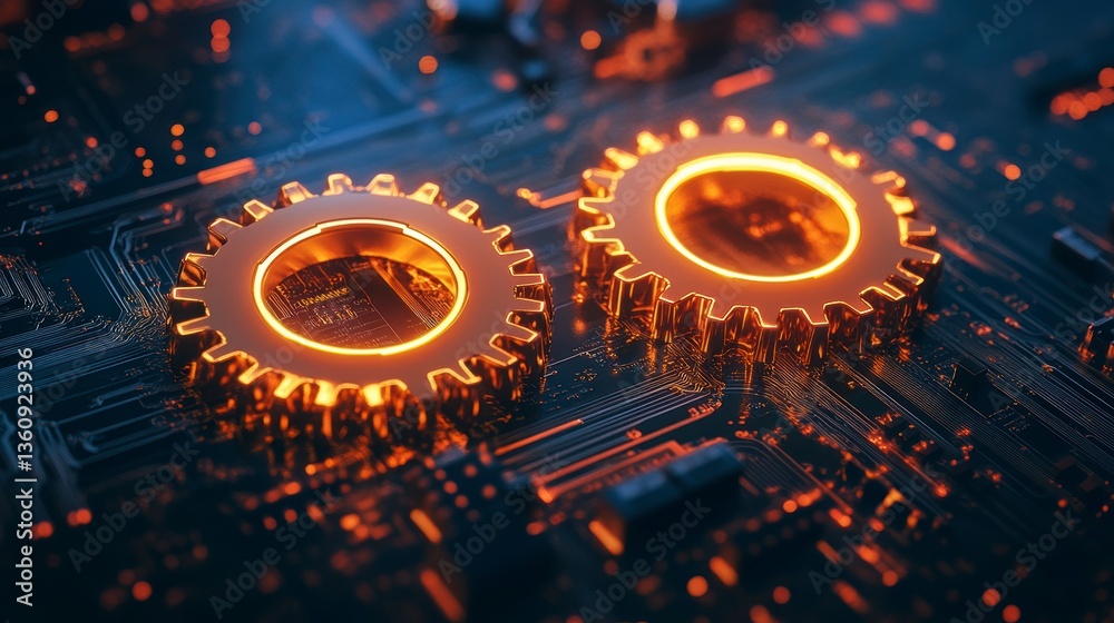 Poster Glowing gold gears meshing on a circuit board, representing technological synergy and teamwork.