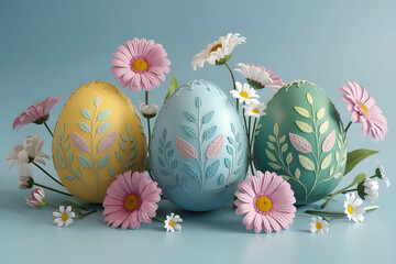 Serene artistic arrangement of colorful Easter eggs, intricate floral patterns surrounded by delicate pink and white daisies placed on soft blue background capturing the elegance and joy of the Easter