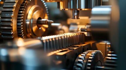 Naklejka premium Close-up of intricate metallic gears and machinery in industrial setting.
